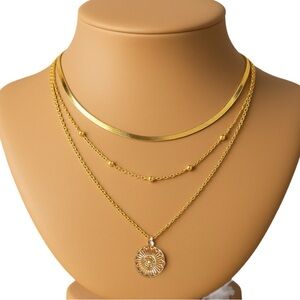 3-Layer Gold Coin Pendant Necklace - Flat Snake Chain NWT